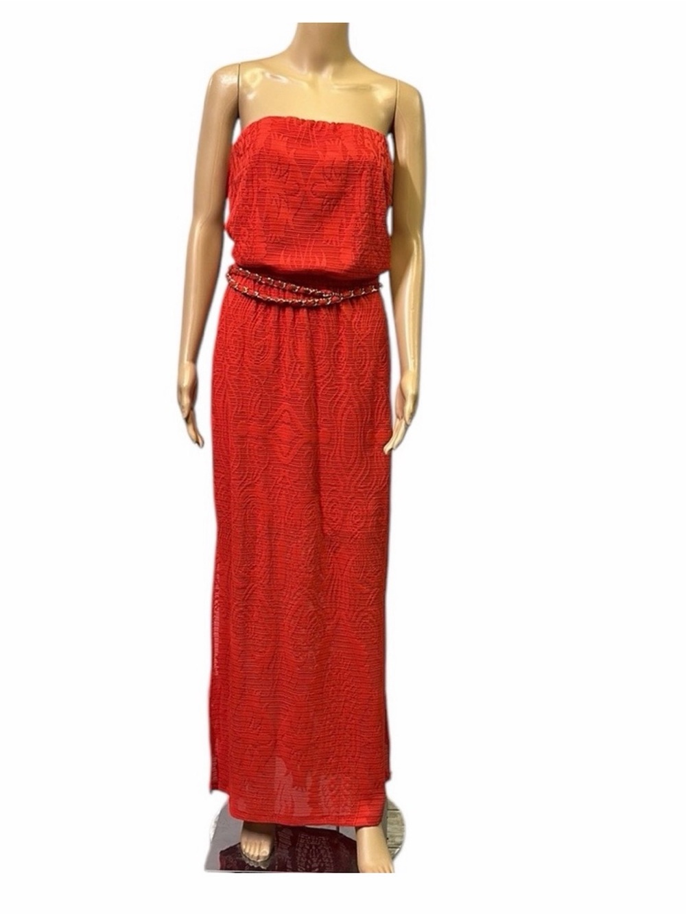 Cache Strapless Red Textured Maxi Dress with Braided Belt